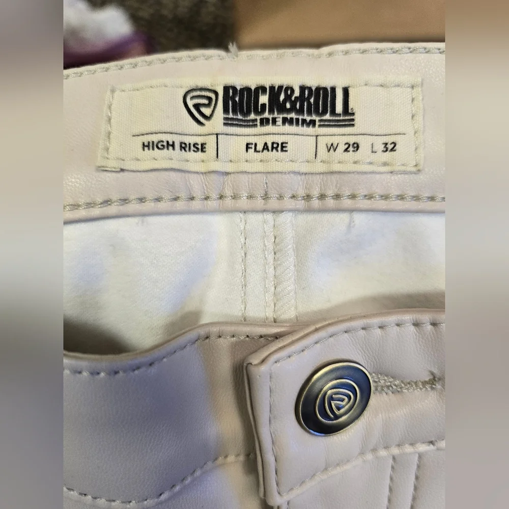 Rock & Roll Denim HIGH RISE EXTRA STRETCH FLARE FAUX LEATHER PANTS in Ivory - Picture 12 of 14